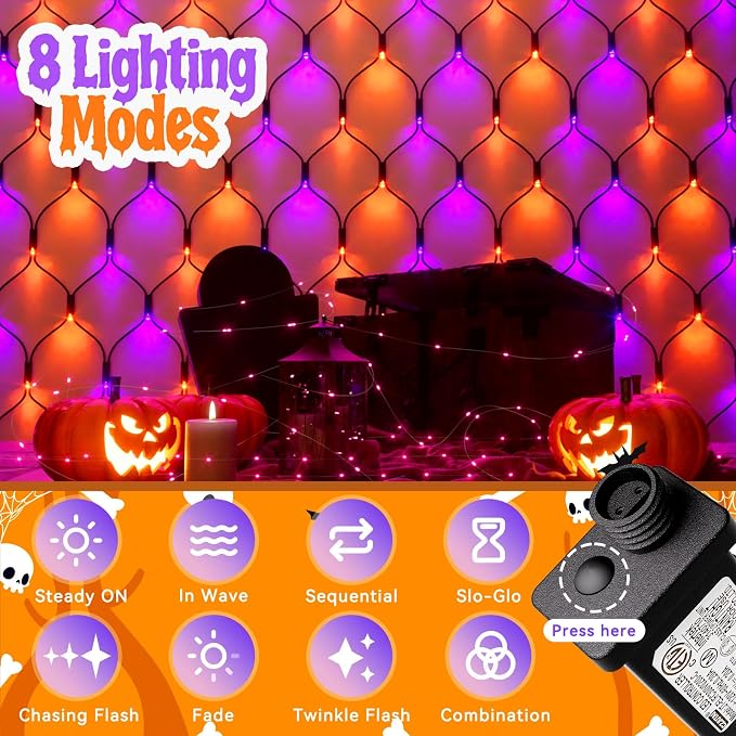 LitHome 21FT x 5FT Halloween Net Lights Outdoor Connectable, 360 LED | Purple Orange Bush Lights with 8 Modes, Waterproof Net Mesh Light Dark Green Wire for Bushes Shrubs Trees Holiday Decor