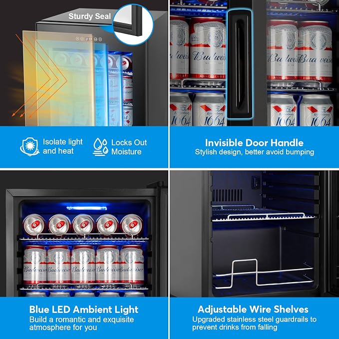 FoMup Beverage Refrigerator 17 inch Wide - 126 Can Beverage Cooler with Glass Door | Counter Top/Freestanding Mini Beverage Beer Fridge | Temperature Memory | Invisible Door | Perfect for Soda, Beer