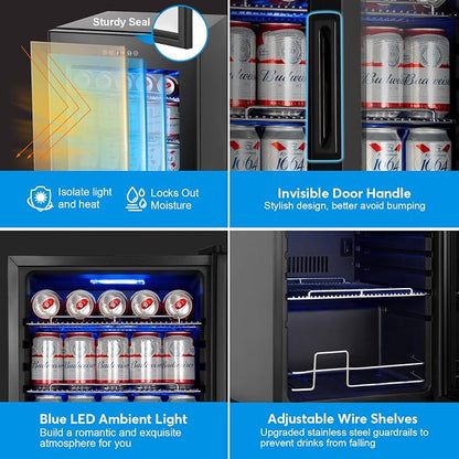 FoMup Beverage Refrigerator 17 inch Wide - 126 Can Beverage Cooler with Glass Door | Counter Top/Freestanding Mini Beverage Beer Fridge | Temperature Memory | Invisible Door | Perfect for Soda, Beer