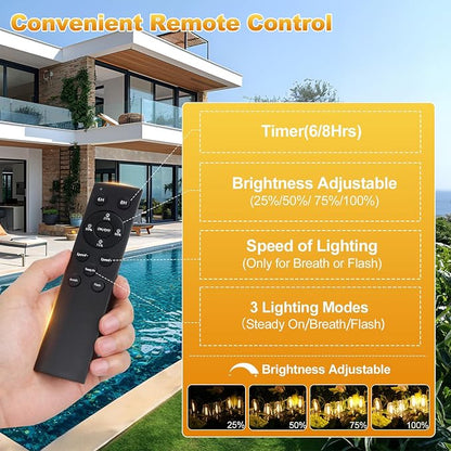100FT Solar String Lights Outdoor Waterproof with 52 LED Edison Bulbs | Patio Lights with Remote, Timer, Solar Powered Outside Dimmable ST38 Hanging Lights for Porch Backyard Garden Camping Party