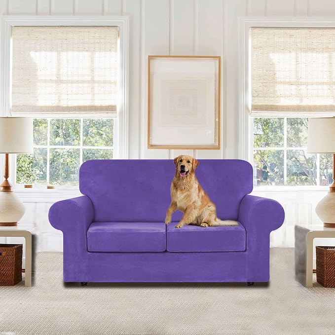 WEERRW Velvet Stretch 3 Pieces Couch Cover for Sofa Washable, Purple | Love Seat Couch Covers for 2 Cushion Couch Sofa Furniture Protector slipcoves with Elastic Bottom for Kids, Medium
