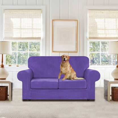 WEERRW Velvet Stretch 3 Pieces Couch Cover for Sofa Washable, Purple | Love Seat Couch Covers for 2 Cushion Couch Sofa Furniture Protector slipcoves with Elastic Bottom for Kids, Medium