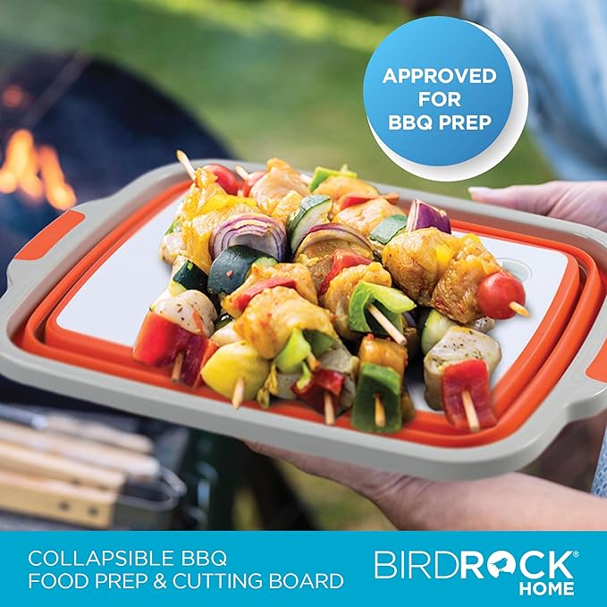 BIRDROCK HOME Collapsible Large BBQ Prep Tub & BBQ Resting Bag - Multi-Function Grill Caddy w/Colander & Lid, Portable Silicone Dish Bowl for Picnic, Tailgate, Camping - Orange & Brown