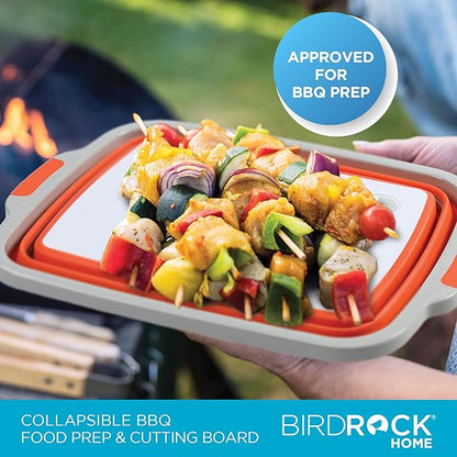 BIRDROCK HOME Collapsible Large BBQ Prep Tub & BBQ Resting Bag - Multi-Function Grill Caddy w/Colander & Lid, Portable Silicone Dish Bowl for Picnic, Tailgate, Camping - Orange & Brown