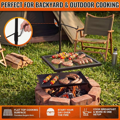 18.5" x 16" Fire Pit Campfire Grill Grate, Portable Open Fire Cooking Grill Grate Round Camping Cooking Barbecue Rack Heavy-duty, Easy Setup & Adjustable Height for Outdoor Camping BBQ