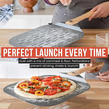 Chef Pomodoro Aluminum Perforated Pizza Peel 16 Inch with Foldable Handle | Perforated Pizza Peel 16 inch, Pizza Steel Perforated Design Prevents Sticking, Foldable Stainless Steel Pizza Peel Handle