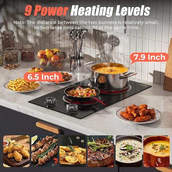 2 Burner Electric Cooktop 110V 2000W Countertop or Built-in | 12 Inch Plug in Two Burner Electric Stove 120V Portable, Knob Control, 9 Power Levels and Overheat Protection, Silver Knob