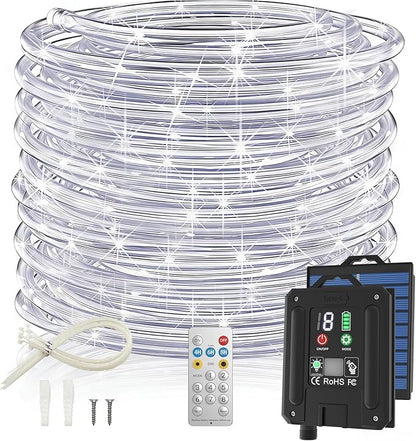 ICRGB Solar Rope Lights, 66FT 200LED 1800mAh Outdoor Waterproof Solar Lights with Remote, IP67 String Light with Timing & 8 Modes for Garden Tree Pathway Yard Pool RV Christmas Decor, White