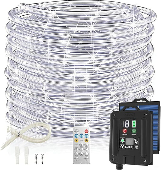 ICRGB Solar Rope Lights, 66FT 200LED 1800mAh Outdoor Waterproof Solar Lights with Remote, IP67 String Light with Timing & 8 Modes for Garden Tree Pathway Yard Pool RV Christmas Decor, White