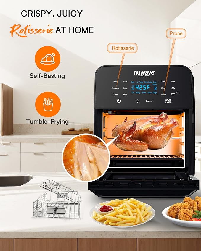 Nuwave Brio 15.5Qt Air Fryer Toaster Oven & Rotisserie Kit, Powerful 1800W | New Advanced Turbo Convection Tech, Healthy PFAS Free, Max Even & Crisp, 50-425°F, 150 Presets, Smart Probe, 4 Rack