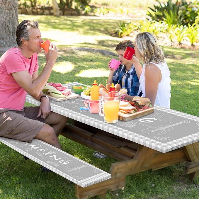 Picnic Table Cover with Bench Covers Elastic Edges, Grey Camper Fitted Table Cover, Outdoor Patio Camping Essentials 72 Inch 3PCS, Waterproof Camping Fitted Tablecloth with Drawstring Bag