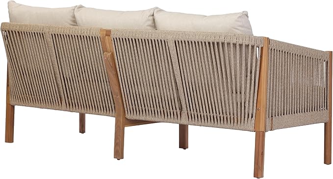 Christopher Knight Home Bubi Acacia Wood Outdoor 3 Seater Sofa with Cusion, Solid Wood Patio Sofa with Woven Rope Accents, Comfy Lounge Sofa for Patio Furniture Set, Teak+Beige