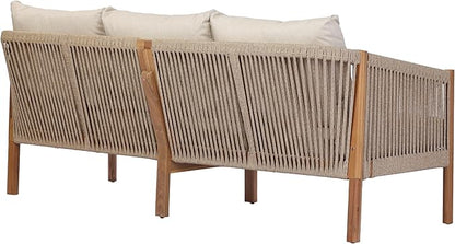 Christopher Knight Home Bubi Acacia Wood Outdoor 3 Seater Sofa with Cusion, Solid Wood Patio Sofa with Woven Rope Accents, Comfy Lounge Sofa for Patio Furniture Set, Teak+Beige