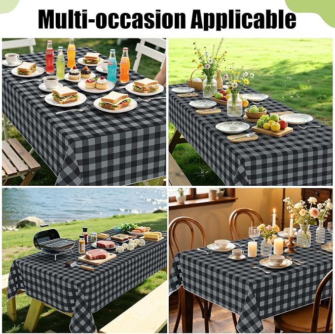 Smiry Picnic Table Cloth, Vinyl Tablecloths with Flannel Backing, 60"x102" | Waterproof Rectangle Table Cloth, Wipeable Buffalo Plaid Table Cover for Indoor and Outdoor (Black & Grey)