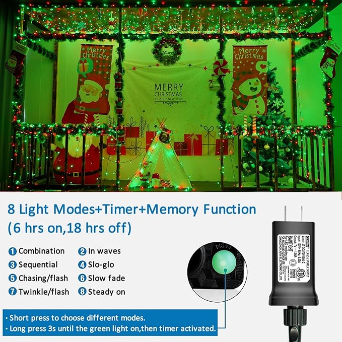 YEGUO 200 LED 66ft String Lights Outdoor Waterproof, Red and Green Christmas Lights Indoor, Green Wire Twinkle Tree Lights Plug in with Timer Memory 8 Modes