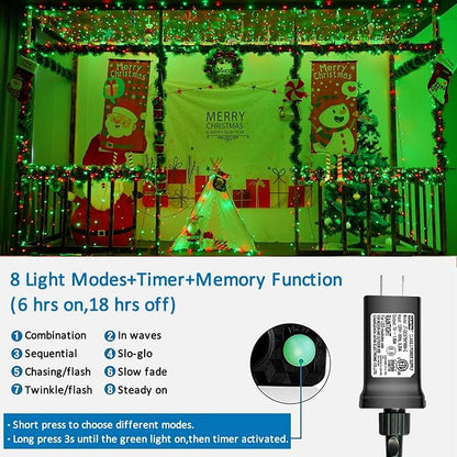 YEGUO 200 LED 66ft String Lights Outdoor Waterproof, Red and Green Christmas Lights Indoor, Green Wire Twinkle Tree Lights Plug in with Timer Memory 8 Modes