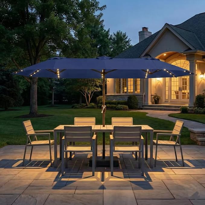 Kingdura 15ft Large Patio Umbrella with Solar Lights, Double-Sided Rectangle Lighted Outdoor Table Umbrella with Base Included, 12 Reinforced Ribs, 48 Led Lights, Crank Lift for Market Pool Deck Backyard, Navy blue