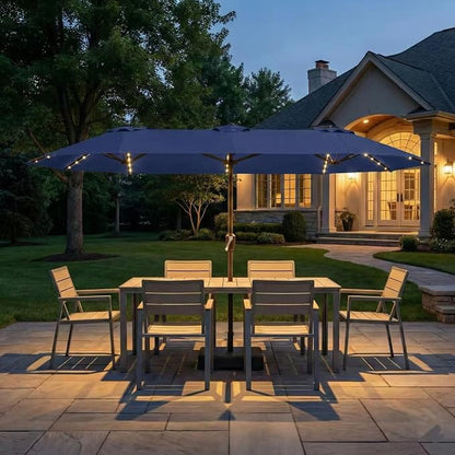 Kingdura 15ft Large Patio Umbrella with Solar Lights, Double-Sided Rectangle Lighted Outdoor Table Umbrella with Base Included, 12 Reinforced Ribs, 48 Led Lights, Crank Lift for Market Pool Deck Backyard, Navy blue