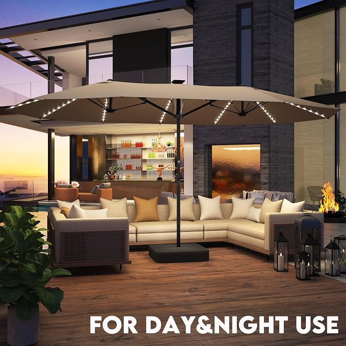 GDPFN 15ft Large Patio Umbrella with Solar Lights, Outdoor Double-Side Rectangular Umbrella with Base Included, Backyard Pool Umbrella with LED Light for Deck, Outside, Market, Beige