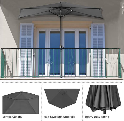 Half Umbrella Outdoor Patio Shade - 9 ft Patio Umbrella with Easy Crank - Small Canopy for Balcony, Table, or Deck by Pure Garden (Gray)