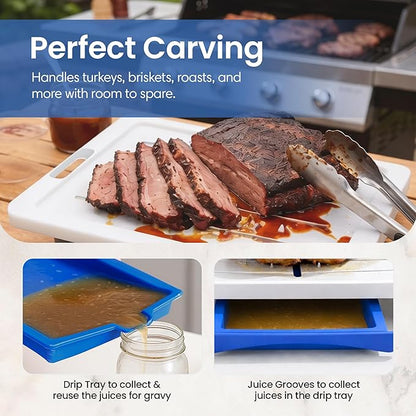 Large Cutting Board - XL Deluxe Meal Prep System with Meat Thermometer, Juice Groove, Spikes, Drip Tray & Removable BPA Free Cutting Board - Patented Multi-Feature Design Carving Board - Kitchen Gifts