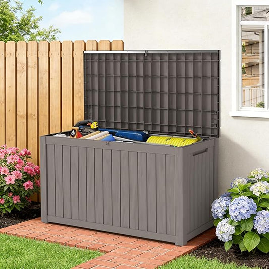 FEFLO 180 Gallon Waterproof Resin Outdoor Storage Box, Lockable & UV Resistant Patio Deck Boxes, Outside Storage for Patio Cushions, Pool Toys, Garden Tools & Package Delivery, Brown