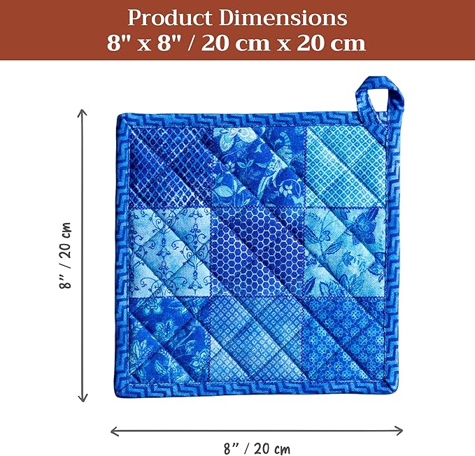 Maison d' Hermine Pot Holders 100% Cotton Heat Resistant Potholders 8" x 8" Hot Pads with Loop BBQ Cooking Baking Hotel Farmhouse Kitchen Handling Hot Pans Spring Summer (Pack of 1, Indigo Love)