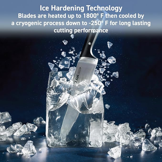 Tefal Ice Force Steak Knife Set, 4-Pack, Serrated Stainless Steel | Ice hardening technology, X50CrMoV15 steel, 26-degree cutting edge, Ergonomic finger guard handle, Hand wash only