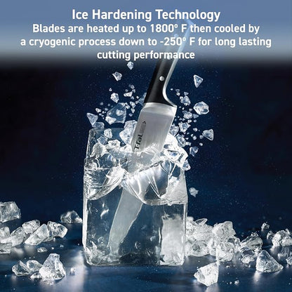 T-Fal Ice Force Kitchen Knife Set, 3-Piece, German Stainless Steel | X50CrMoV15 steel, Ice hardening up to 1800F/-250F, 26-degree cutting edge, Ergonomic finger guard handle, Hand wash only