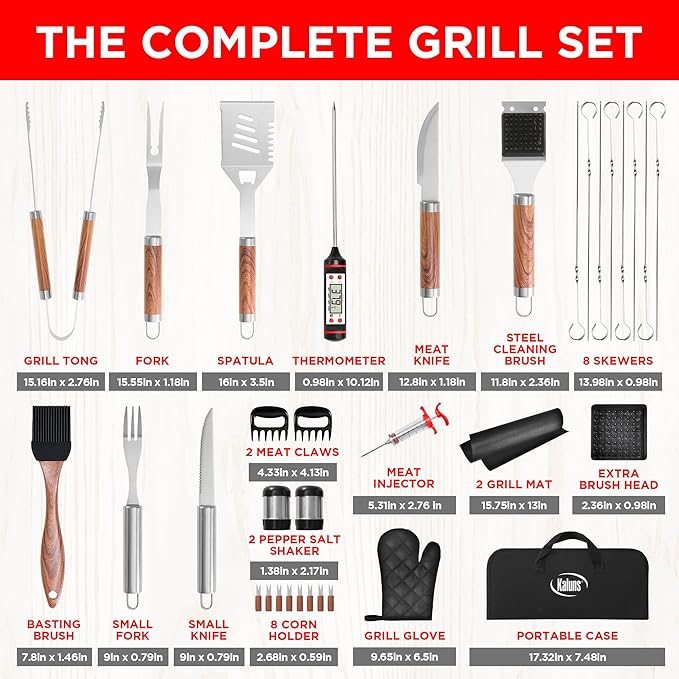 Kaluns 35PC BBQ Grill Tools Set – Heavy Duty Stainless Steel Grill Accessories Kit with Case, Meat Thermometer, Injector, Claws & Mats for Dad, Men