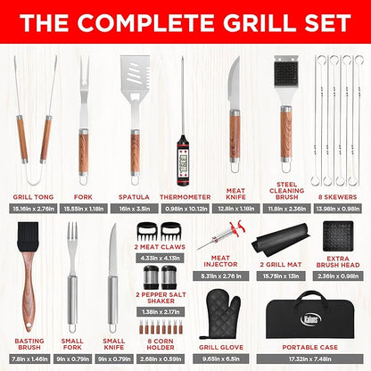 Kaluns 35PC BBQ Grill Tools Set – Heavy Duty Stainless Steel Grill Accessories Kit with Case, Meat Thermometer, Injector, Claws & Mats for Dad, Men