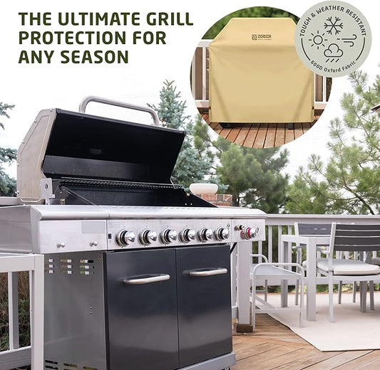 ZOBER Heavy Duty BBQ Grill Cover - 58 Inch Waterproof Double Layered Fits Weber Gas Grill Cover Charbroil Grill & Smoker - Gas Grill Covers w/Air Vents, Dual Handles - 600D Oxford Fabric, Mustard