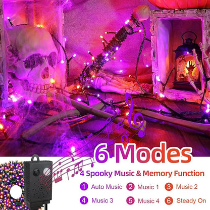 MZD8391 105FT 300LED Halloween Light, Orange Purple Christmas Light & Music | Play 4 Spooky Music, Waterproof, 100% UL Listed, Halloween String Lights Outdoor Indoor, 6 Light Mode, End To End Connectable