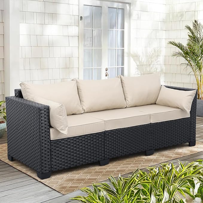 Rattaner Patio Furniture 3-seat Sofa Wicker Outdoor Furniture Outdoor Couch Deep Seat Hight Backrest Waterproof Cover Anti-Slip Cushions, Khaki