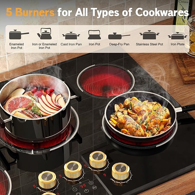 30 Inch Electric Cooktop, 30" Electric Stove 8500W, 5 Burner Ceramic Cook Top Built-in, Knob & Touch Control, Expanded Zone, Child Lock, Pause Function, 220V - 240V Hard Wire, No Plug