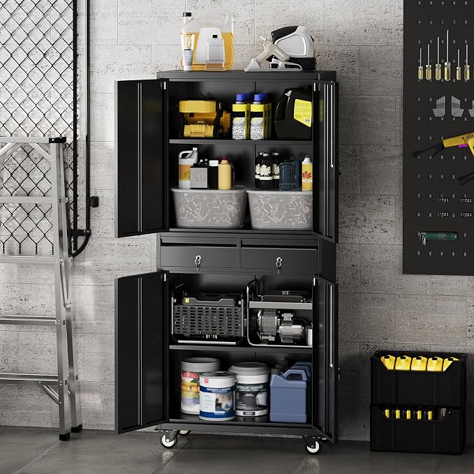 PioneerWorks 73" Metal Storage Cabinet w/Locking Doors | Adjustable Shelves + 2 Drawers | Robust Utility Storage for Garage Organization-Dark Black with Legs