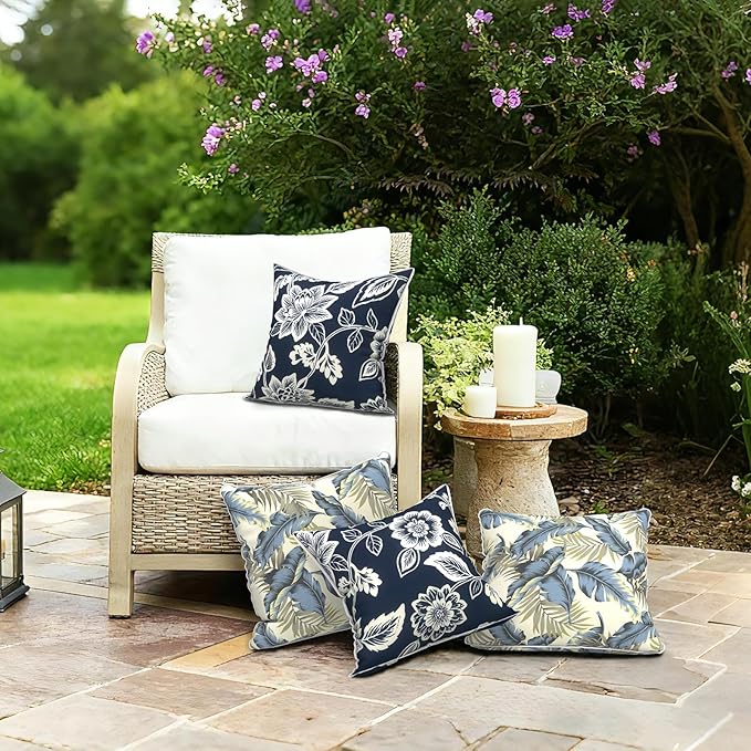 LVTXIII Set of 2 Patio Throw Pillows Covers Waterproof 20x20 Fade Resistant Outdoor Throw Pillow Case, Fluffy Decorative Garden Toss Pillow Covers for Home Patio Coach Sofa Use, Elegant Vines Navy