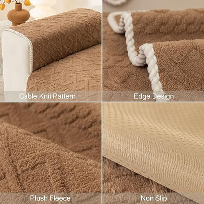 vctops Geometric Jacquard Plush Sofa Couch Covers Farmhouse Neutral Non Slip Sectional Couch Cover Soft Warm Sofa Slipcover for Dogs, Children, Pets Furniture Protector (Coffee,36"x94")