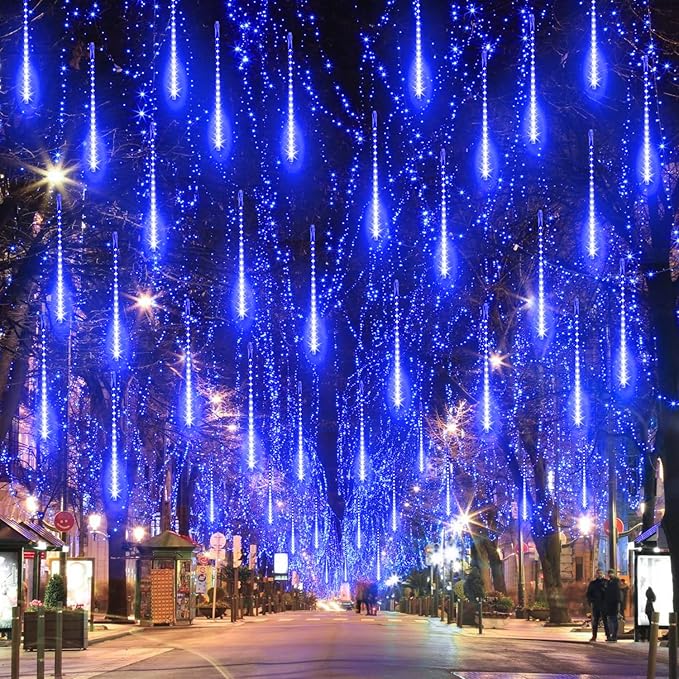 Aluan Christmas Lights Outdoor Meteor Shower Rain Lights, 40cm/16inch 10 Tubes 360 LEDs Waterproof Falling Rain Hanging Light with UL Plug for Christmas Holiday Party Home Garden Tree Decor, Blue