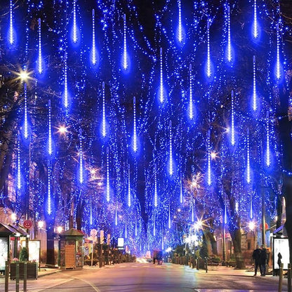 Aluan Christmas Lights Outdoor Meteor Shower Rain Lights, 40cm/16inch 10 Tubes 360 LEDs Waterproof Falling Rain Hanging Light with UL Plug for Christmas Holiday Party Home Garden Tree Decor, Blue