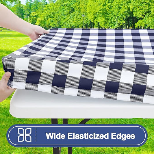 Smiry Picnic Table Cloth 2 Pack, Waterproof Elastic Fitted Tablecloths for 8FT Rectangle Tables, Washable Polyester Buffalo Plaid Tablecloth for Camping, Dining & Outdoor (Navy & White, 30" x 96")