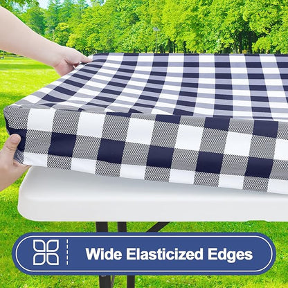 Smiry Picnic Table Cloth 2 Pack, Waterproof Elastic Fitted Tablecloths for 24x48 Rectangle Tables, Washable Polyester Buffalo Plaid Tablecloth for Camping, Dining & Outdoor (Navy & White, 24" x 48")