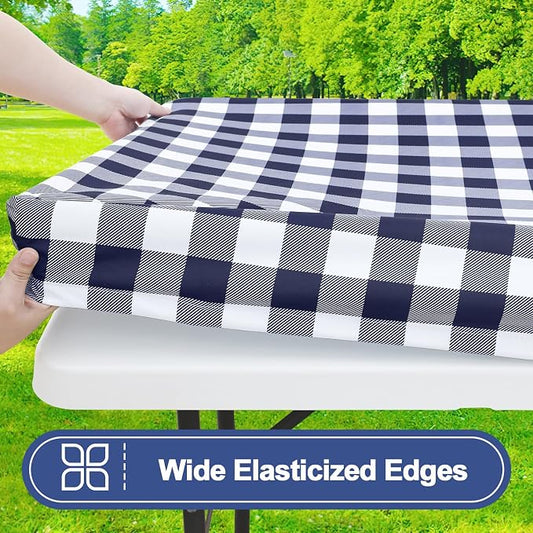Smiry Picnic Table Cloth 2 Pack, Waterproof Elastic Fitted Tablecloths for 36x96 Rectangle Tables, Washable Polyester Buffalo Plaid Tablecloth for Camping, Dining & Outdoor (Navy & White, 36" x 96")