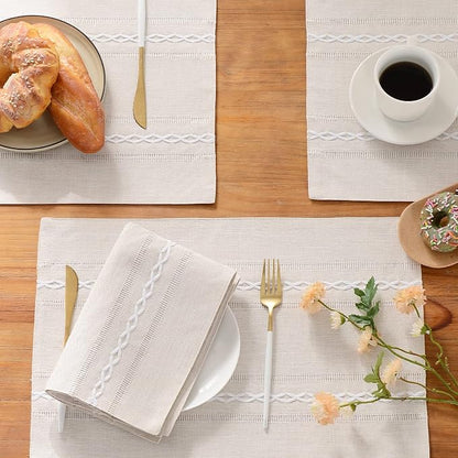 Wracra Cotton Linen Place Mats, Ivory Embroidered Placemats Set of 8 | Placemats 12 x 18 Inch; Cotton Linen Woven Fabric; Heat Resistant Table Mats; Raised Embroidered Hollow Design