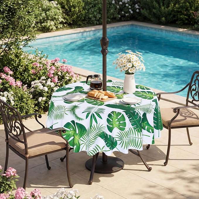 SquarePie 60 Inch Round Outdoor Tablecloth with Umbrella Hole and Zipper Waterproof Washable Patio Table Cloth Cover for Picnic BBQ Garden Party Poolside Backyard, Tropical Palm Leaf