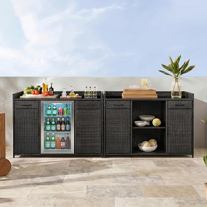 RUNNA 53.5" W Outdoor Wicker Storage Cabinet with Fridge Space,Weatherproof Outdoor Mini Fridge Bar Cabinet with Adjustable Shelves & Drawers for Pool Towel Storage,Garden,Kitchen (Black+Brown#64)