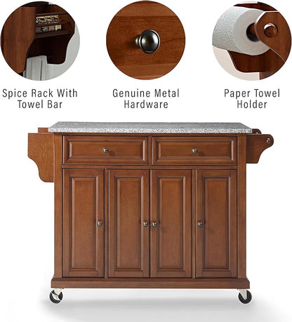 Crosley Furniture Full Size Granite Top Rolling Kitchen Island Storage Cart, Microwave Stand, Spice Rack, Cherry