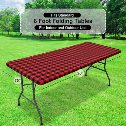 Buffalo Rectangle Picnic Tablecloth, 8 Foot Elastic Fitted Vinyl Table Cloth with Flannel Backing, Waterproof Plaid Table Covers for Dining, Camping, Outdoor (Black and Red, 30" x 96")