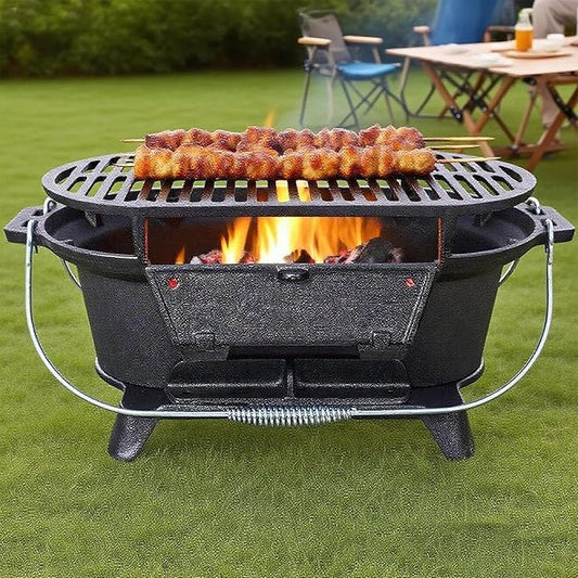 Cast Iron HibachiGrill Outdoor, Portable Cast Iron Charcoal Grill with Adjustable Air Vents - Compact for Outdoor Camping, Backyard BBQ, Picnics & Tailgating (Oval)