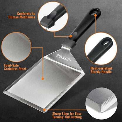 HULISEN Stainless Steel Spatula 2 pcs, 6 x 5 Inch Large Metal Spatula with Cutting Edges, Griddle Spatula for Smashed Burger, Essential Flat Top Grill Accessories, Grill Spatula for Outdoor Grill
